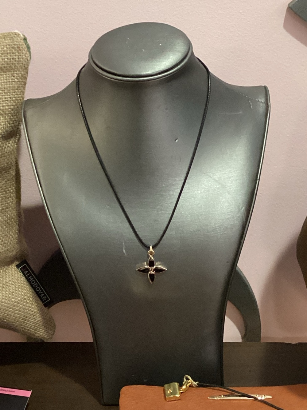 Gold Cross Pendant Necklace on Black Cord